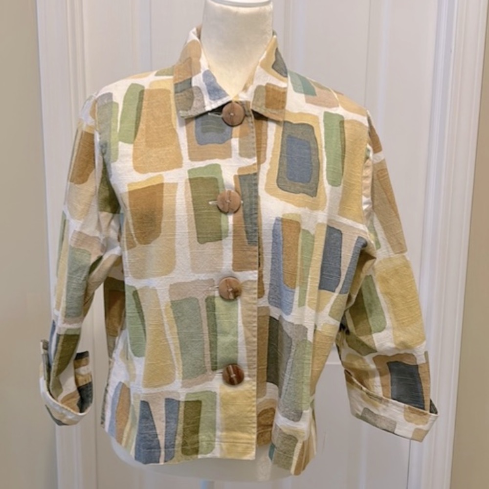 PAINTED PONY Vintage Cream Abstract Wooden Button Linen Jacket L NWOT - Picture 7 of 12